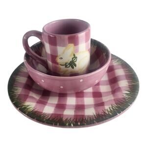 Mainstreet Collection Hand-Painted Plate, Cup & Bowl Easter Bunny Pink White